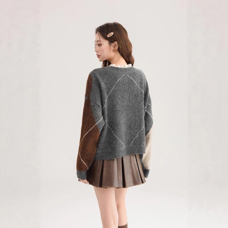 Lace splicing collar rhombus design sense temperament pullover sweater women's autumn and winter loose knitted sweater women's top