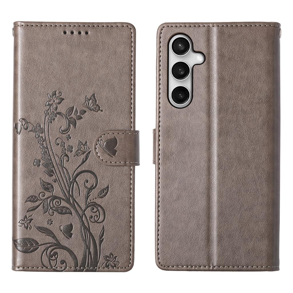 Etui portfelowe dla Samsunga Galaxy S25 FE z motywem motyla i kwiatowym nadrukiem, wykonane ze skóry PU, pokrowiec na telefon z paskiem na nadgarstek