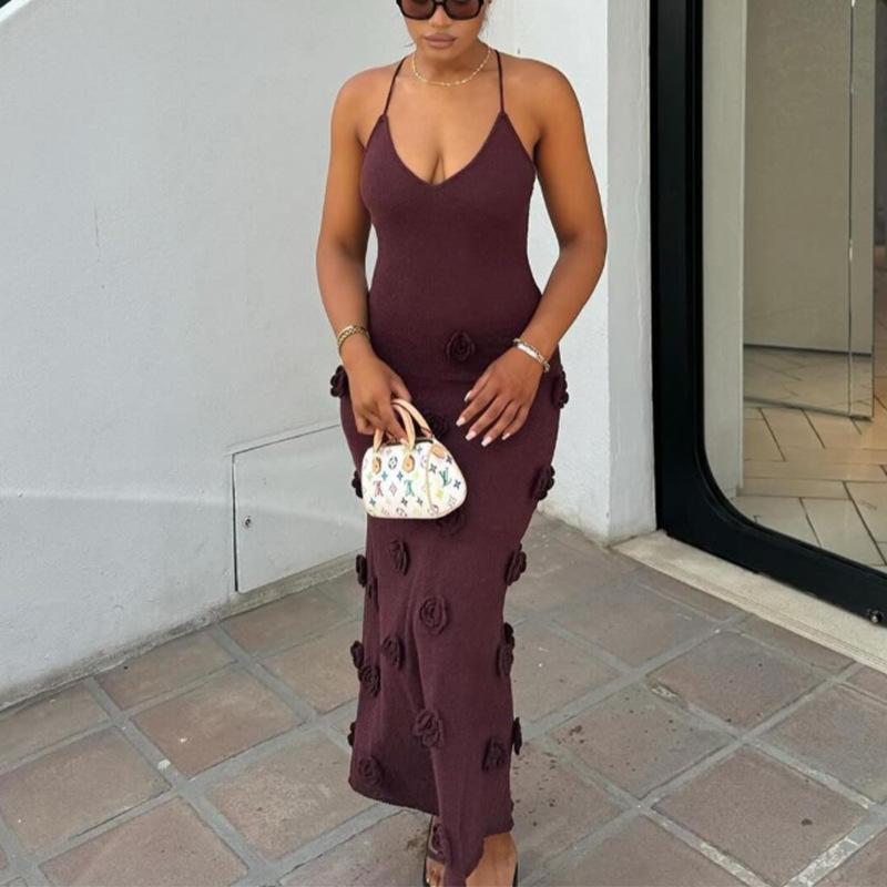Sexy Knitted Halter Dress, V-neck, Figure-hugging, Three-dimensional Floral Beach Vacation Dress, Smock
