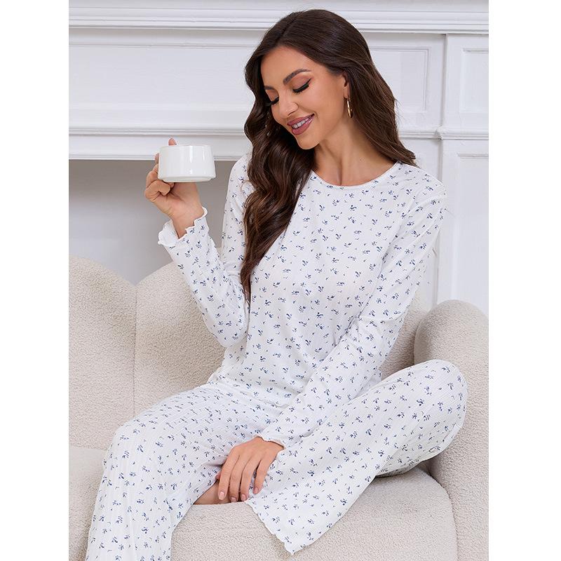 Europe and the United States Hot-selling Loungewear Flower Printing Round Neck Jacquard Long-sleeved Trousers Pajamas Women Can Wear Two-piece Set