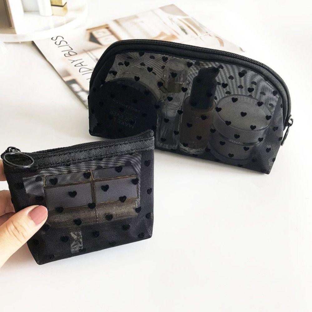 Large Capacity Love Heart Mesh Makeup Bag Zipper Transparent Cosmetic Bag Portable   Girls