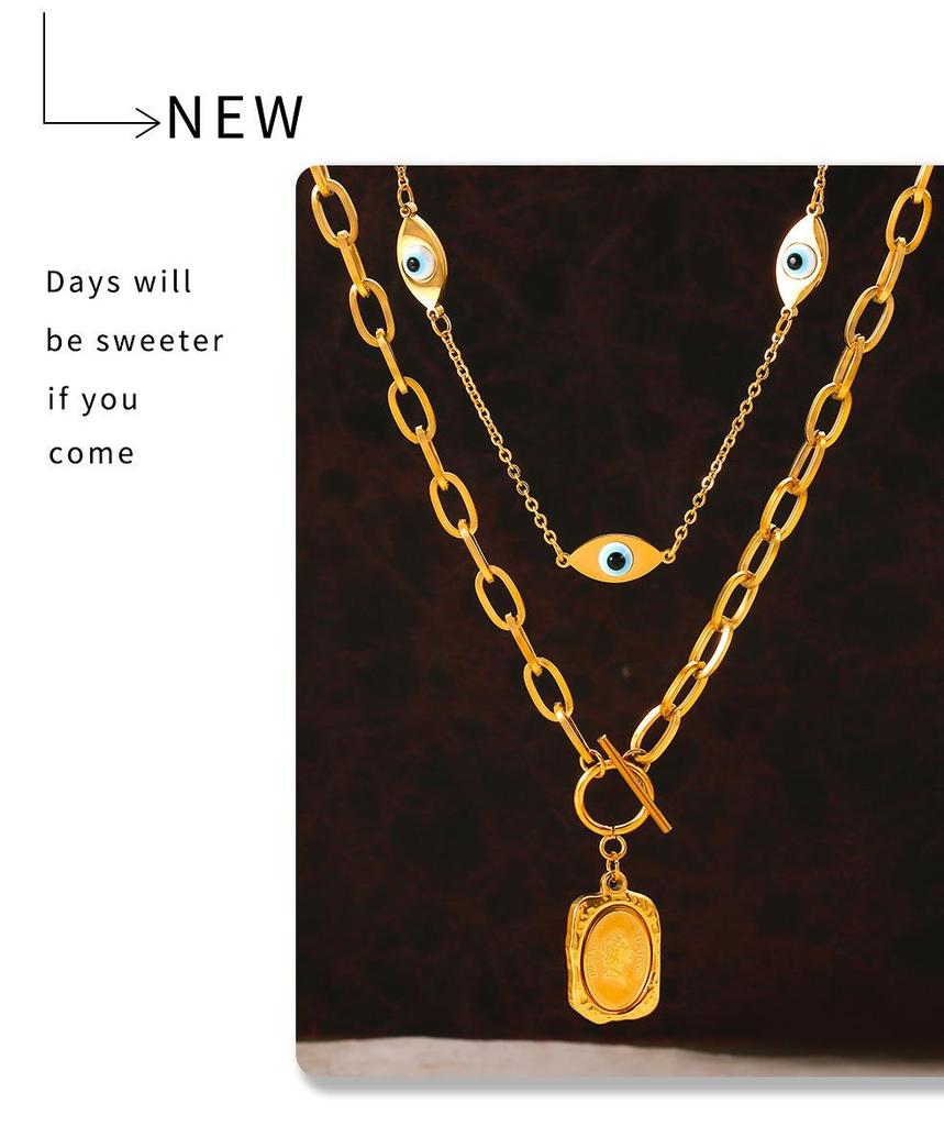 18K Gold-Plated Titanium Steel Eye of the Devil Portrait Square Pendant Double Layer Necklace for Women