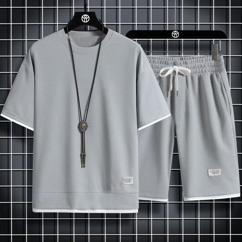 Waffle Men's Summer Short Sleeve And Shorts Two Piece Sets Sports Casual Tracksuit Men Comfortable Cool Shorts Oversized Set