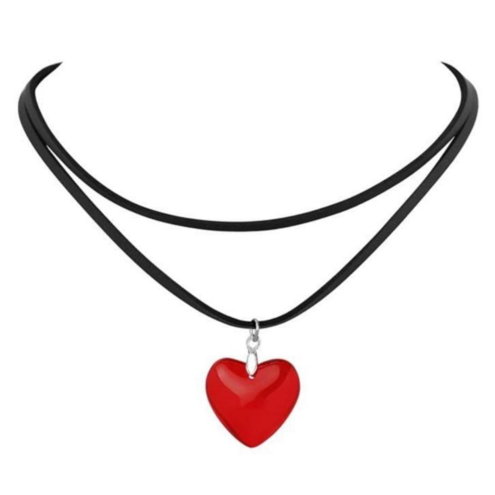Collana a Doppio Strato con Ciondolo Cuore Rosso Nero in Vetro e Cristallo con Cordino Nero Y2k Semplice per Donne Punk Gotico Gioielli da Indossare Quotidiano Regali