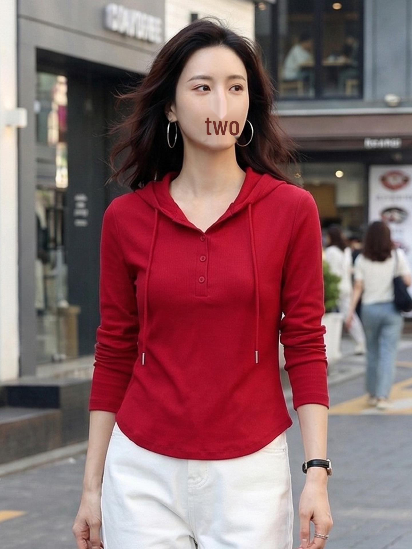 

Spring 2026 Cherry Red Slim Fit Hooded Cotton Sweatshirt T-shirt - Versatile Long Sleeve Style (t005) L вишня/красный