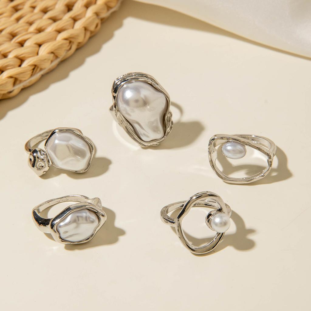 Anel Feminino de Moda em Liga com Pérola Irregular, Conjunto de 5 Anéis Retro
