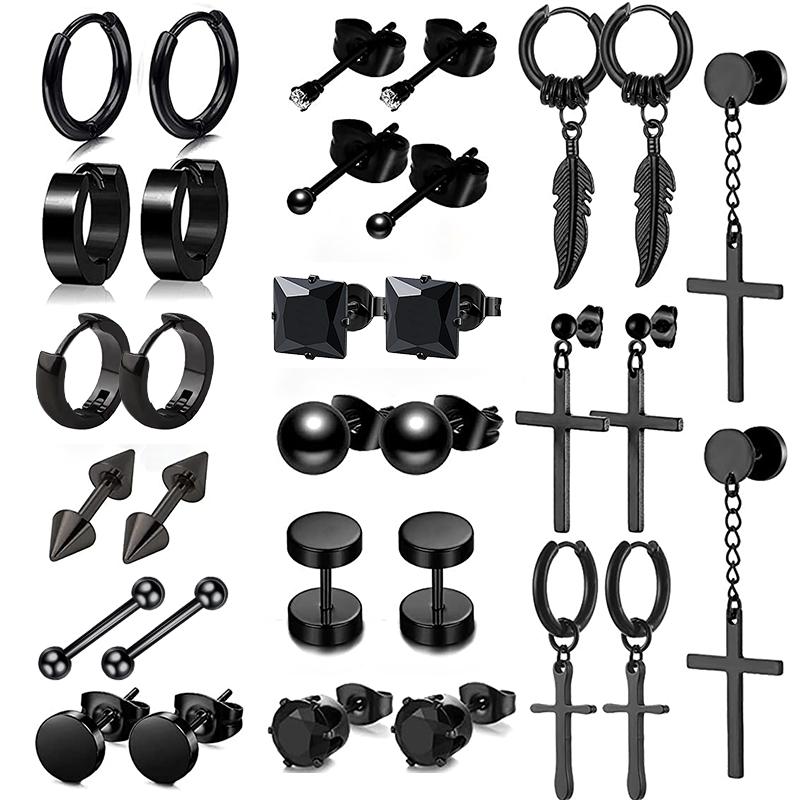 1/16 Pairs Black Punk Stainless Steel Women Men Hoop Earrings Small Trendy Round Cross Pendants Jewelry Accessories Earrings