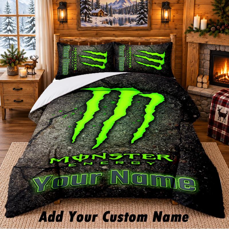 Set Biancheria da Letto con Fantasia Monster Energy 3 Pezzi Nome Personalizzato, Lenzuolo e Federe per Camera da Letto di Casa