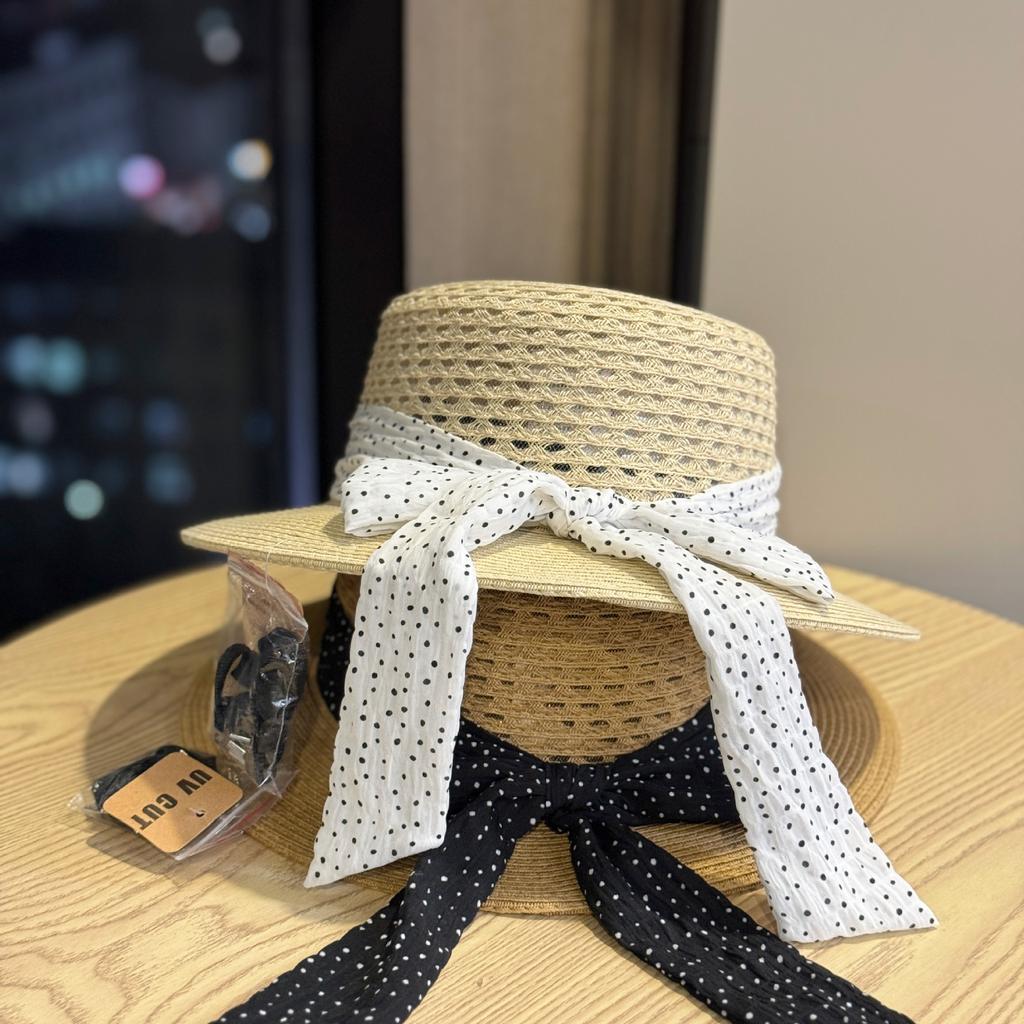 New French-style polka dot bow straw hat for women, summer seaside beach vacation style sun protection hat