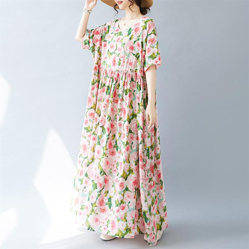 Short Sleeve Plus Size Cotton Vintage Floral New In Dresses for Women Casual Loose Long Summer Dress