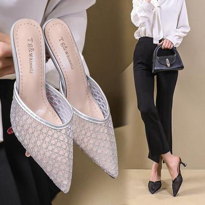 Spring New Korean Version of A Pointed Toe Slip-on Hollow Mesh Stiletto Heels Sandals Woman