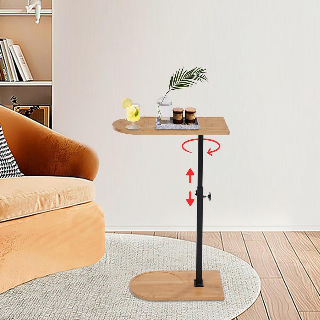 C-Shaped Side Table – Adjustable Height Bamboo & Iron Sofa Table with 360° Rotation – 88 lbs Load Capacity – Natural Wood & Black