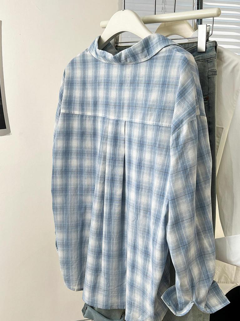 Women's Blue & White Plaid Long Sleeve Retro Shirt - Loose, Layered Versatile Casual Top for Early Autumn