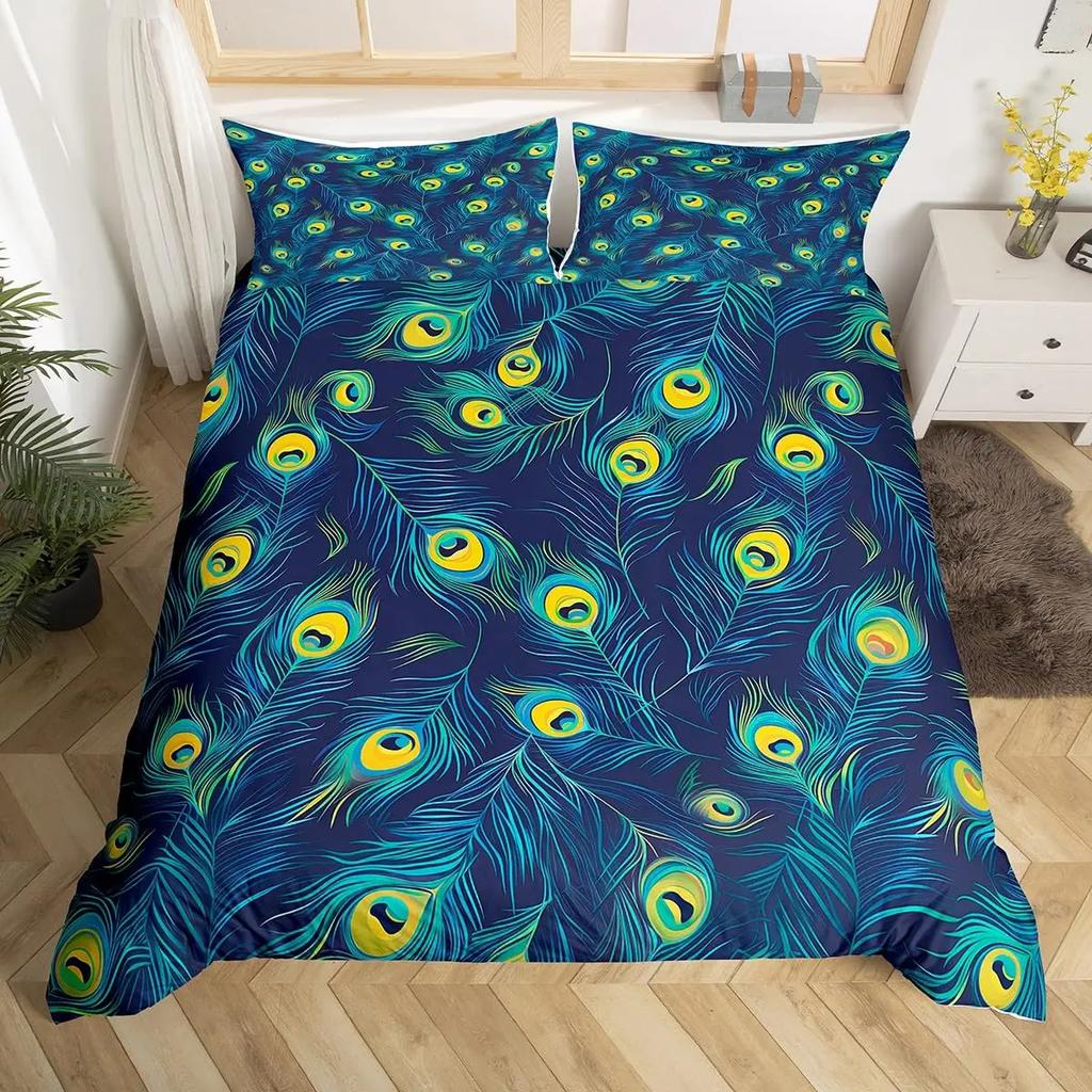 Peacock Feather Print Duvet Cover Set Queen Twin Bird Feathers Element Bedding Set Wild Animals Comforter Cover for Girls Teens