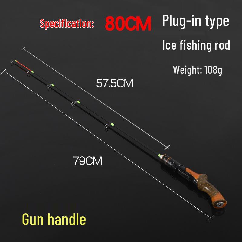 Wood Grain Portable Ice Fishing Rod with Curved Handle and Soft/Hard Tips