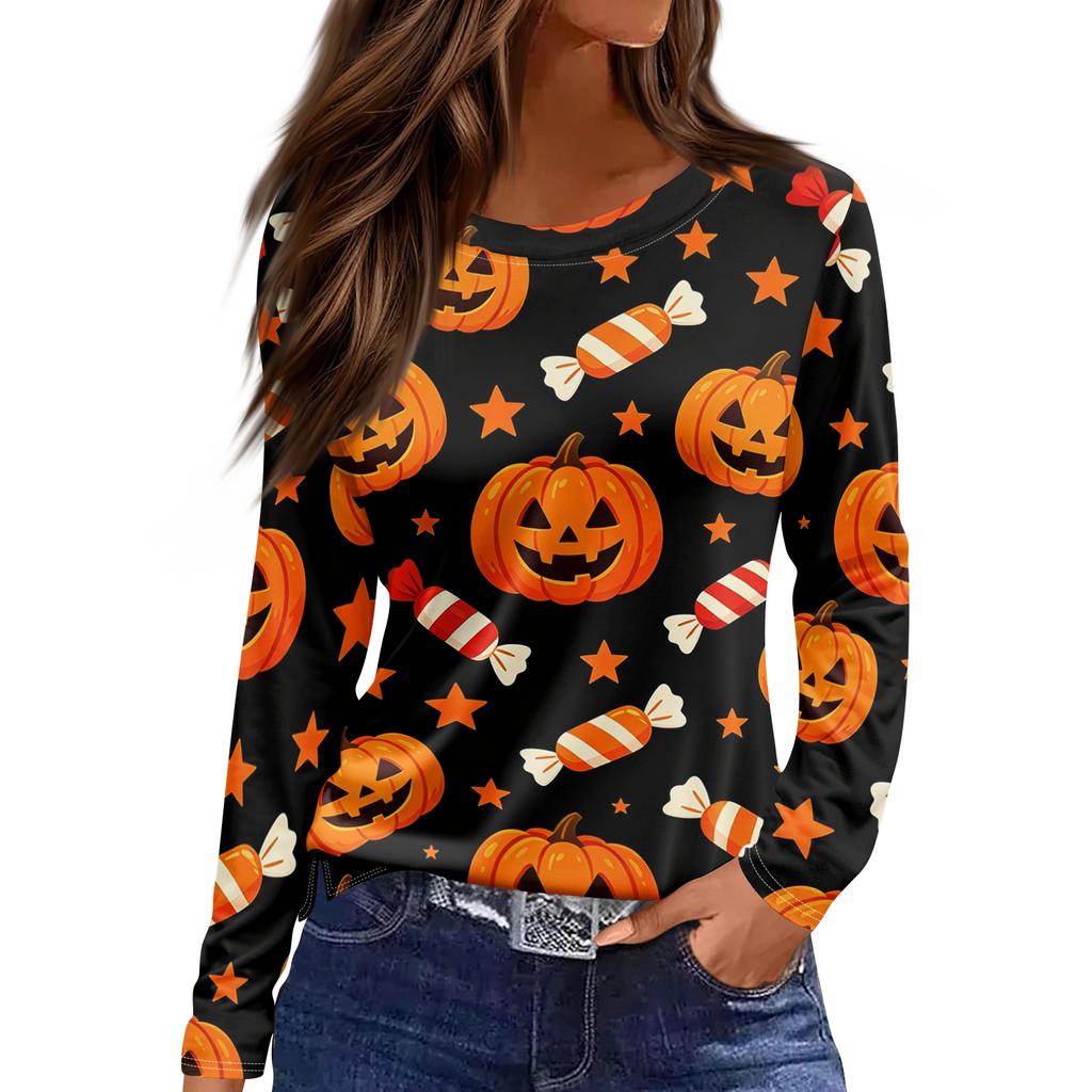 Women Long Sleeve Crew Neck Top Halloween Print Split Hem Casual Loose Fit Pullover Shirt for Fall Seasonal Wear