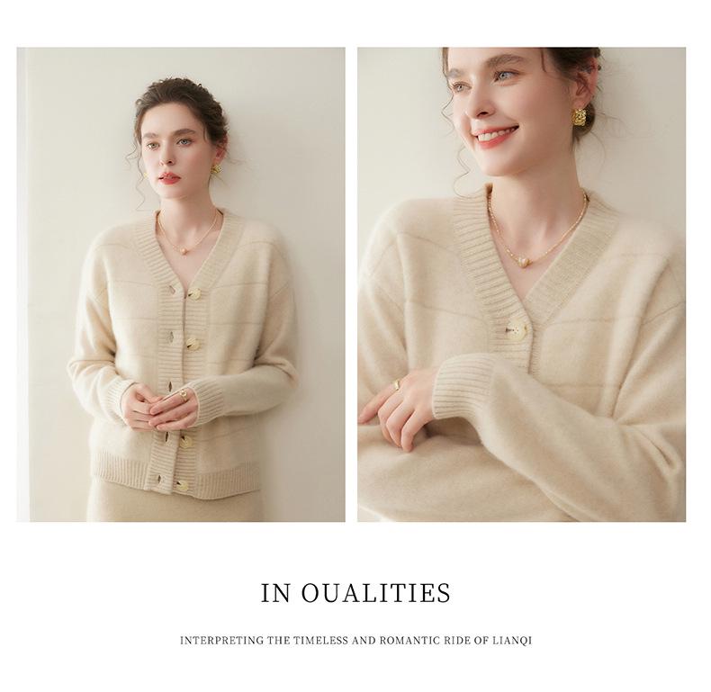 V-Neck Air Layer Cashmere Women's Knit Cardigan - Loose, Slimming, Single-Breasted Top