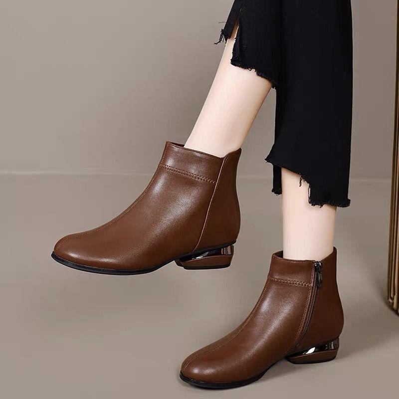 Cuir Talons Moyens Chaussures d'Hiver Mère Classiques Bottines Chelsea Bout Carré Fermeture Éclair Concises Rencontres Bottines