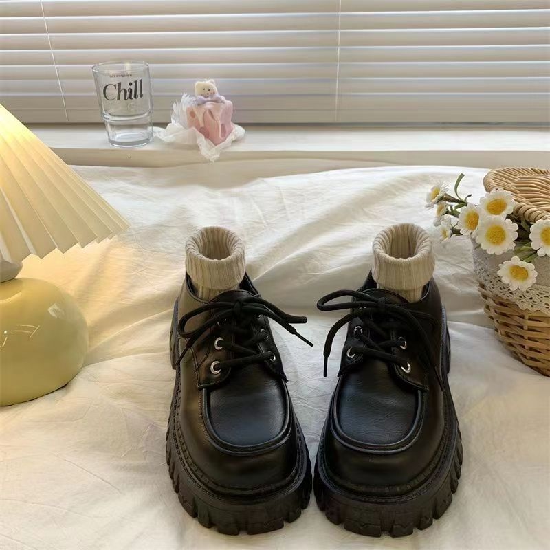 Black Platform Versatile Lace-up Small Leather Shoes Women's 2025 Spring and Summer New Retro British Style Japanese Jk Single Shoes