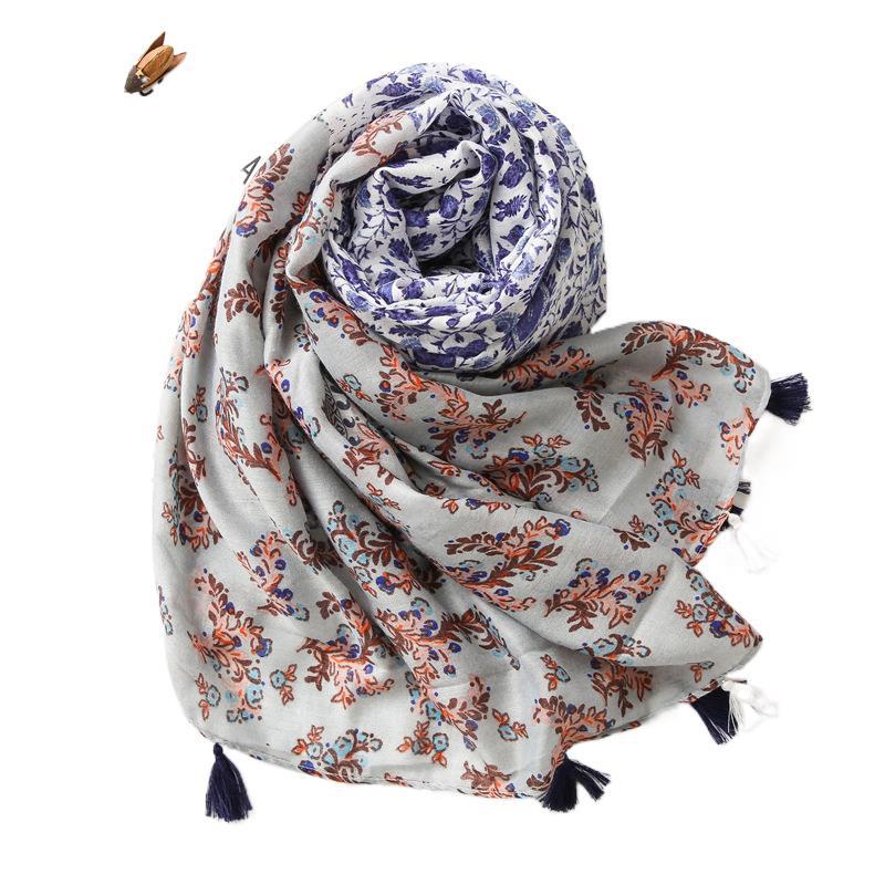 Women'S Four Seasons Fresh And Elegant Blue Floral Tassel Cotton And Hemp Scarf Sunscreen Shawl Multi Functional Dual Purpose Scarf Silk Scarf