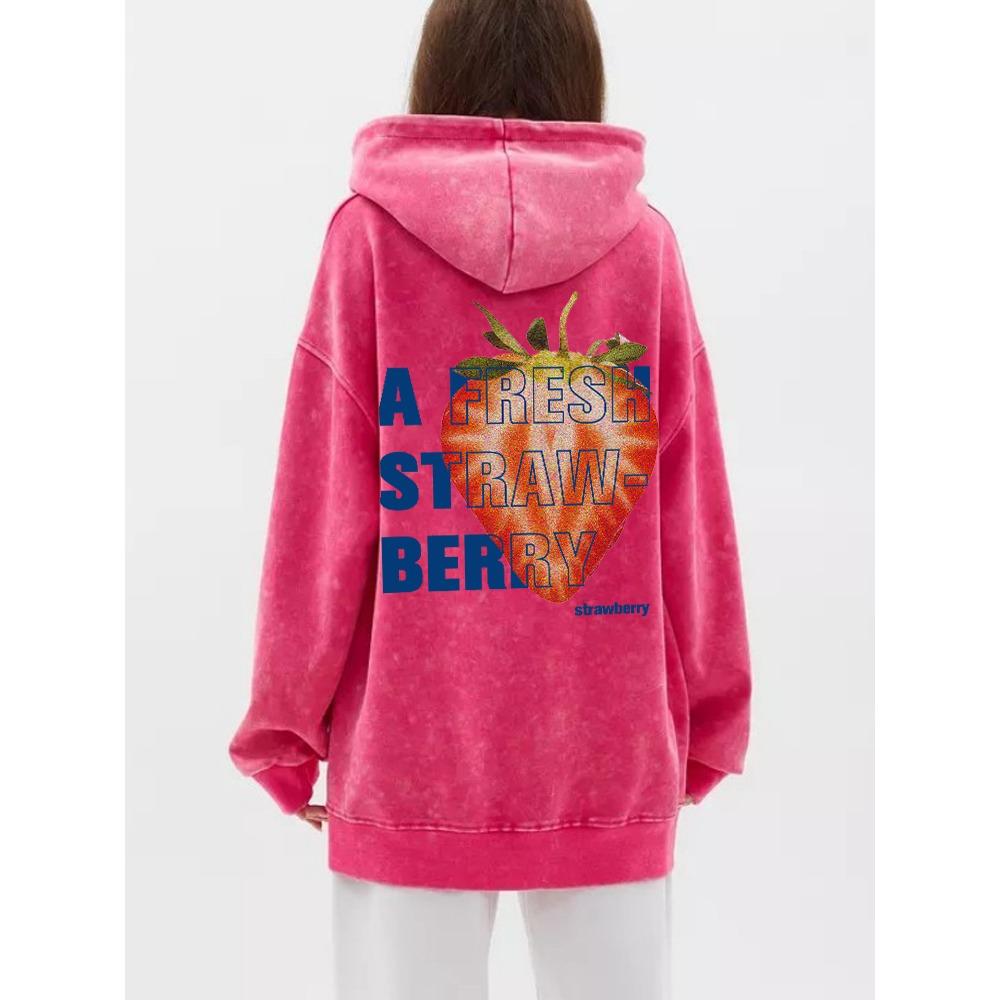 Autumn Winter Woman Acid Wash Hoodies A Fresh Strawberey Prints Sweatshirts Oversize Pocket Cotton Hooded Clothes