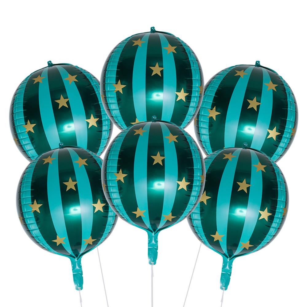 6-Pack of 22-Inch 4D Round Dark Green Striped Star Aluminum Foil Balloons, Suitable for Birthday Parties, Christmas Parties, Other