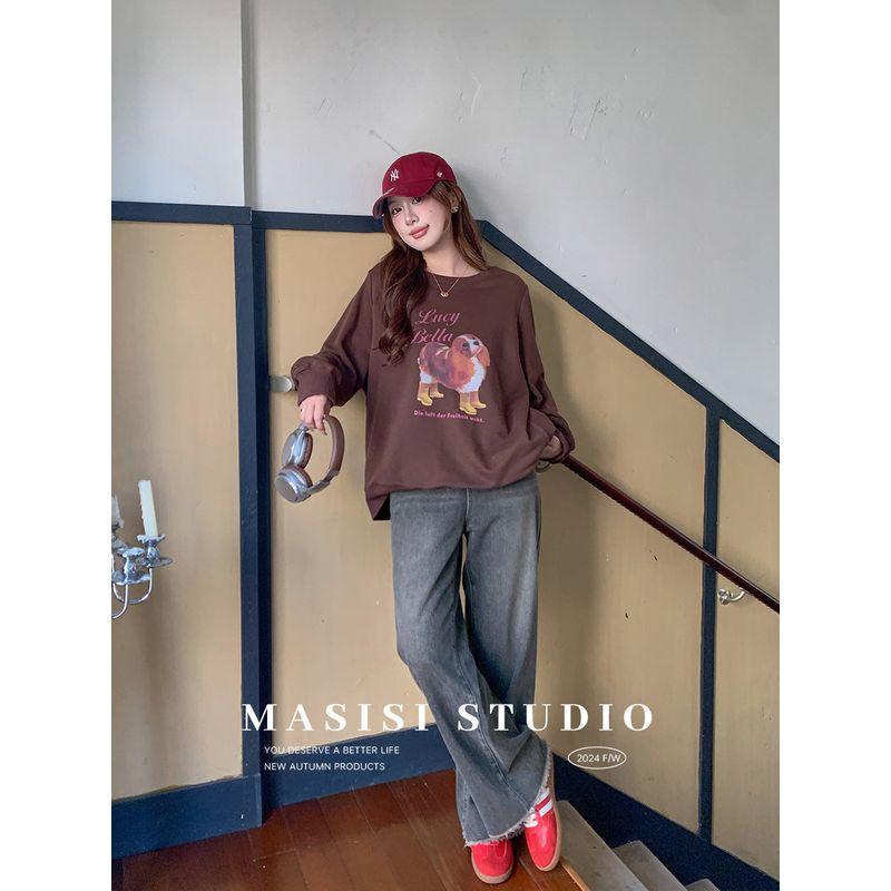

Maxi Chubby plus Size Print round Neck Long Sleeves Sweatshirt Women s Autumn Plus Size Ladies Loose Slim Looking Casual Hooded Top Brown Puppy-Round Collar L