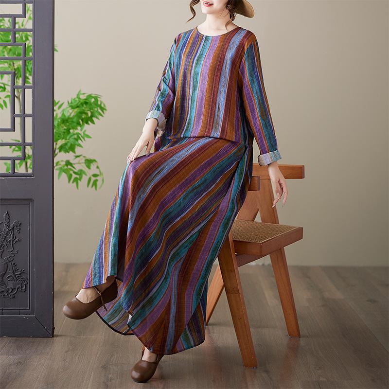 Plus Size Printed Cotton & Linen Long Sleeve Holiday Dress with Round Neck 3XL