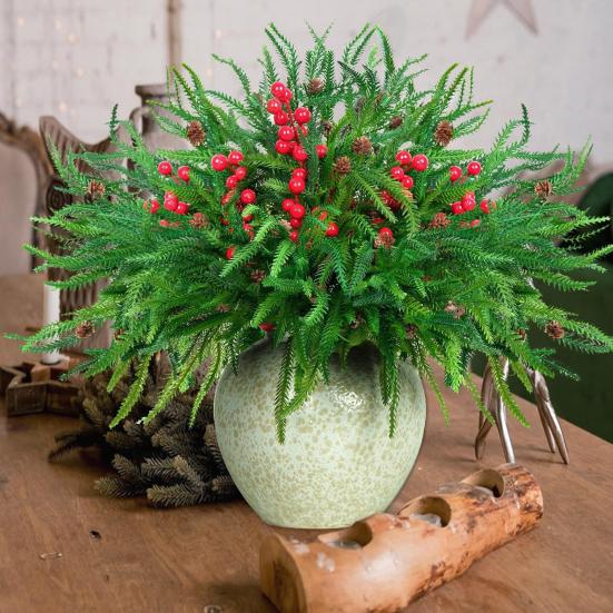 Simulated Pine Branch Faux Greenery Foliage Artificial Pine Sprig with Pine Cones Red Berries for DIY Wreath Home Vases Christmas Winter Parties