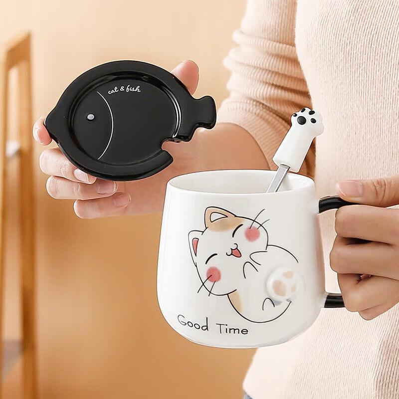 Ceramic Cat Mug with Lid and Spoon
