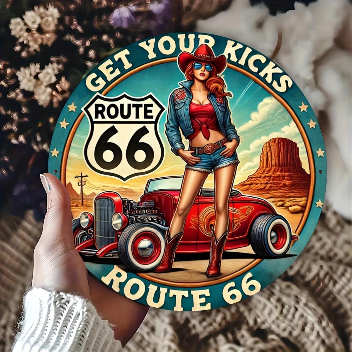 Vintage Route  Get Your Kicks Cowgirl Pinup with Hot Rod Round Metal Tin Sign Retro Southwest Desert  Monument Valley Wal 20x20cm(8x8inch)