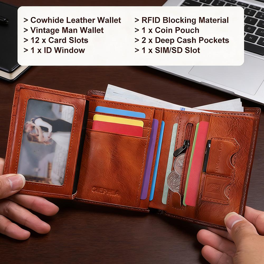 Portafoglio da Uomo Vintage in Pelle di Mucca, 12 Scomparti per Carte Multifunzione con 1 Finestra per Documenti, Tasca Portamonete con Zip, Protezione Blocco RFID Portafoglio in Vera Pelle