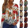 Women's Casual Christmas Print V-Neck Long Sleeve T-Shirt with Button