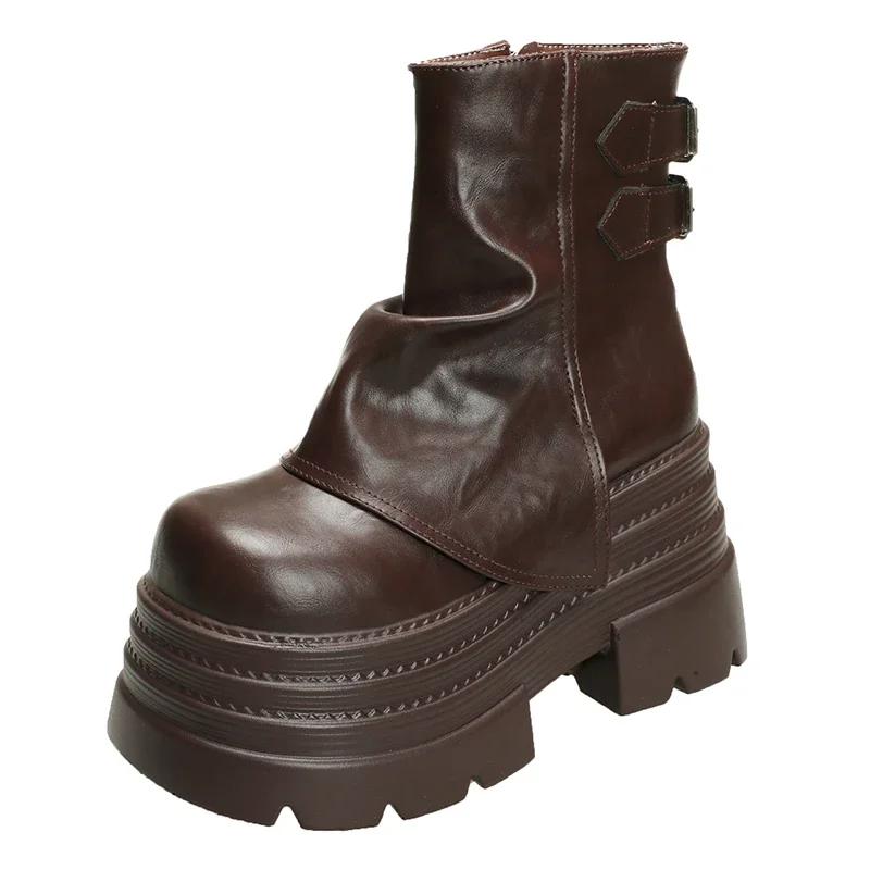 

Женские массивные мотоциклетные ботинки Осень Скрытые каблуки Кожаные кроссовки Зима Водонепроницаемые зимние ботинки Ботильоны на высокой платформе 10 см 34 вино красного