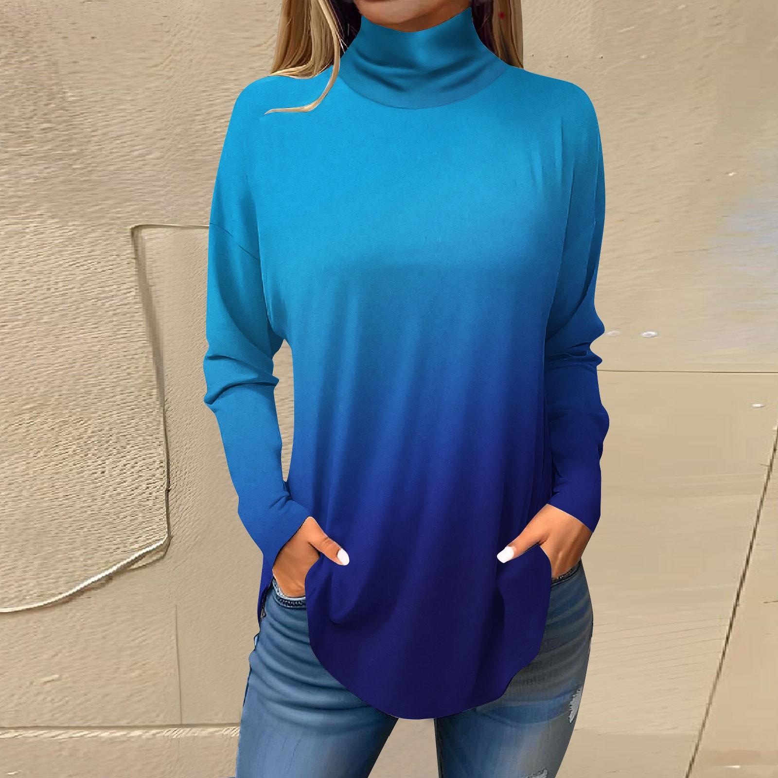 

Жіночі футболки для осені Повсякденні сорочки з довгими рукавами Світшоти Вінтажний пуловер з високим горлом і принтом S синій
