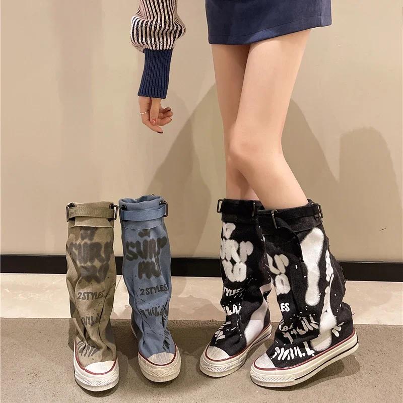 Fashion Women's Shoes Spring High Top Canvas Cowboy Boots Round Head Anti-slip Boots for Women Fashion Rubber Sole Leisure Shoes Zapatos