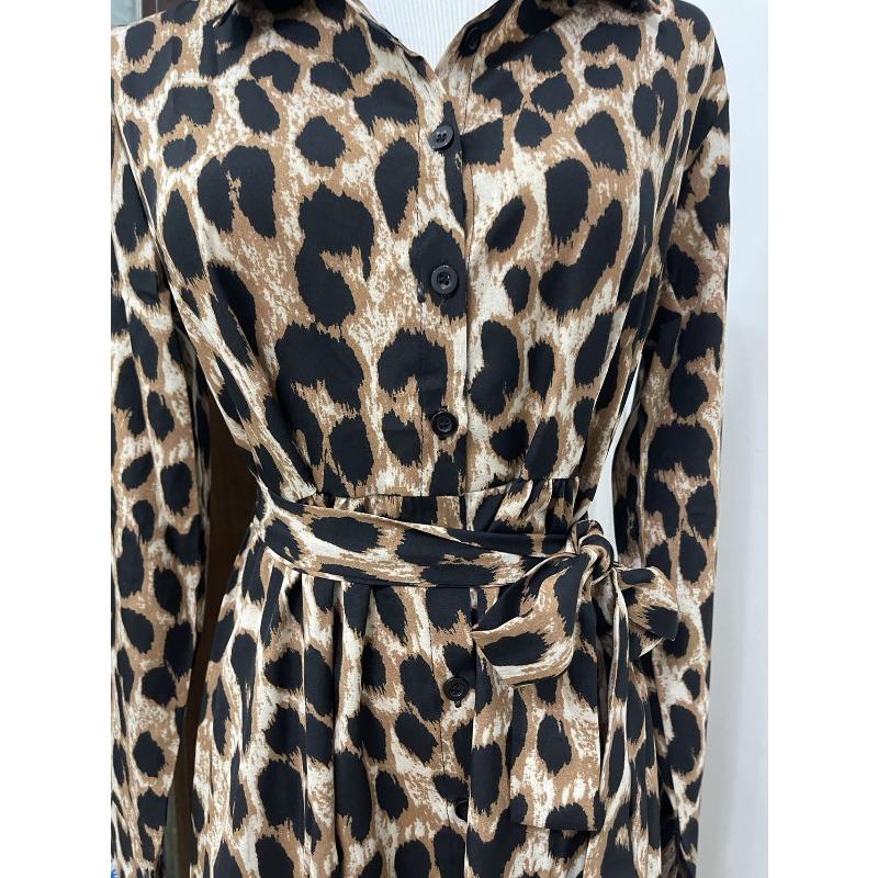 Women's Leopard Print Dress Spring Long Sleeve Lapel Lace-up Button Up Loose Casual Sexy Dress Women Summer Elegant A Line Office Ladies Long Dresses