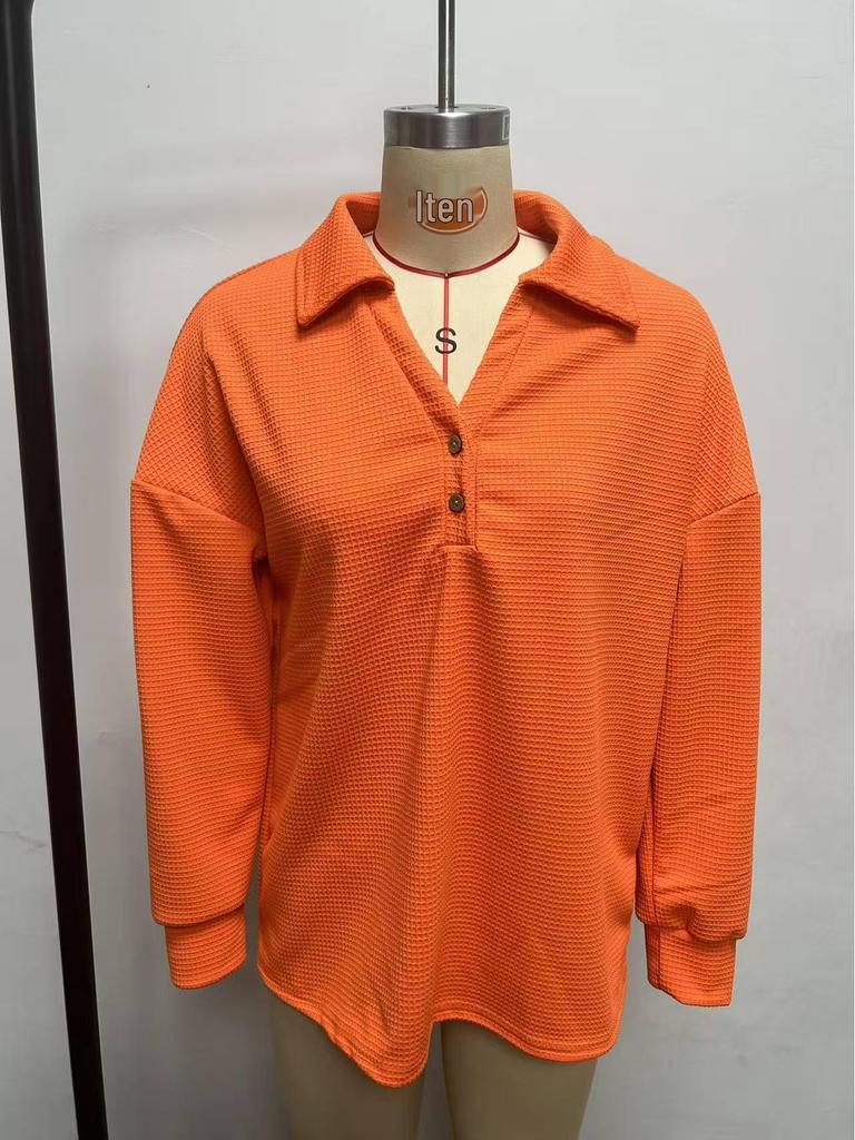 2025 European Fashion V-neck Button Waffle Knit Loose Pullover Long Sleeve Top