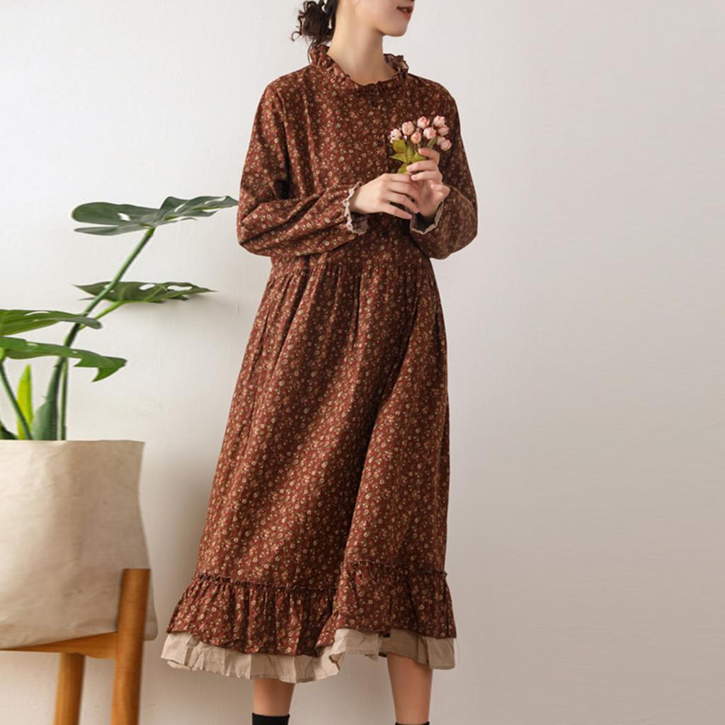 Women's Fashion Cotton Linen Long Sleeve Splicing Loose Large Size Floral Dresses