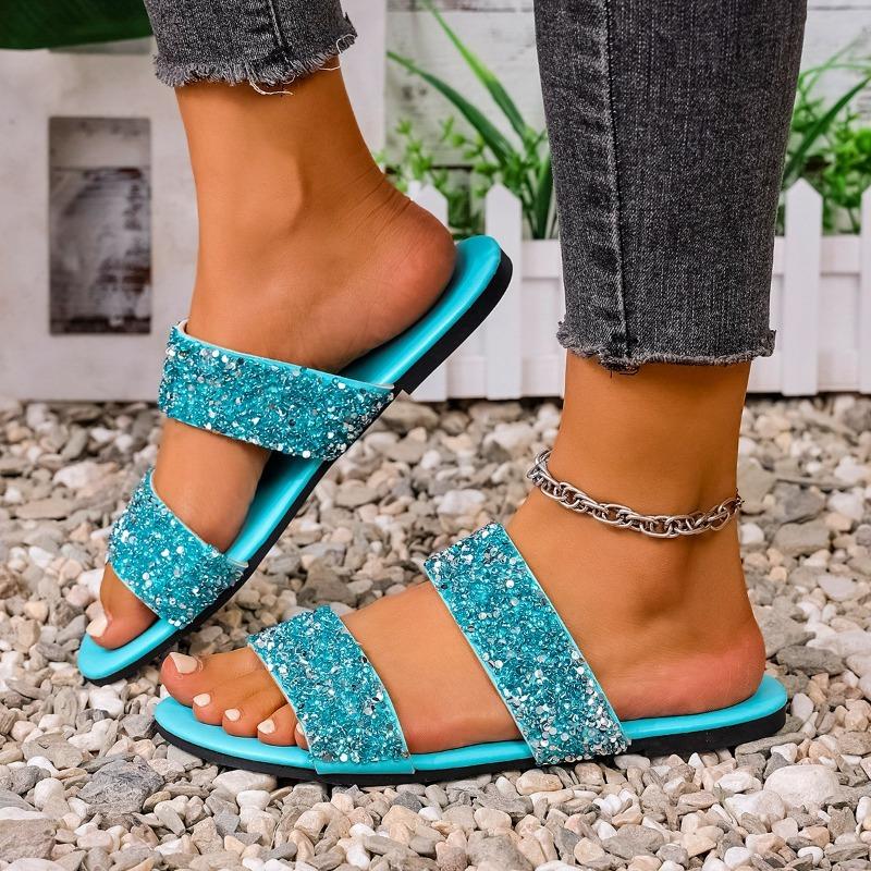 Flat Sequined Round Toe Women's Slippers Summer Casual Beach Slippers Women