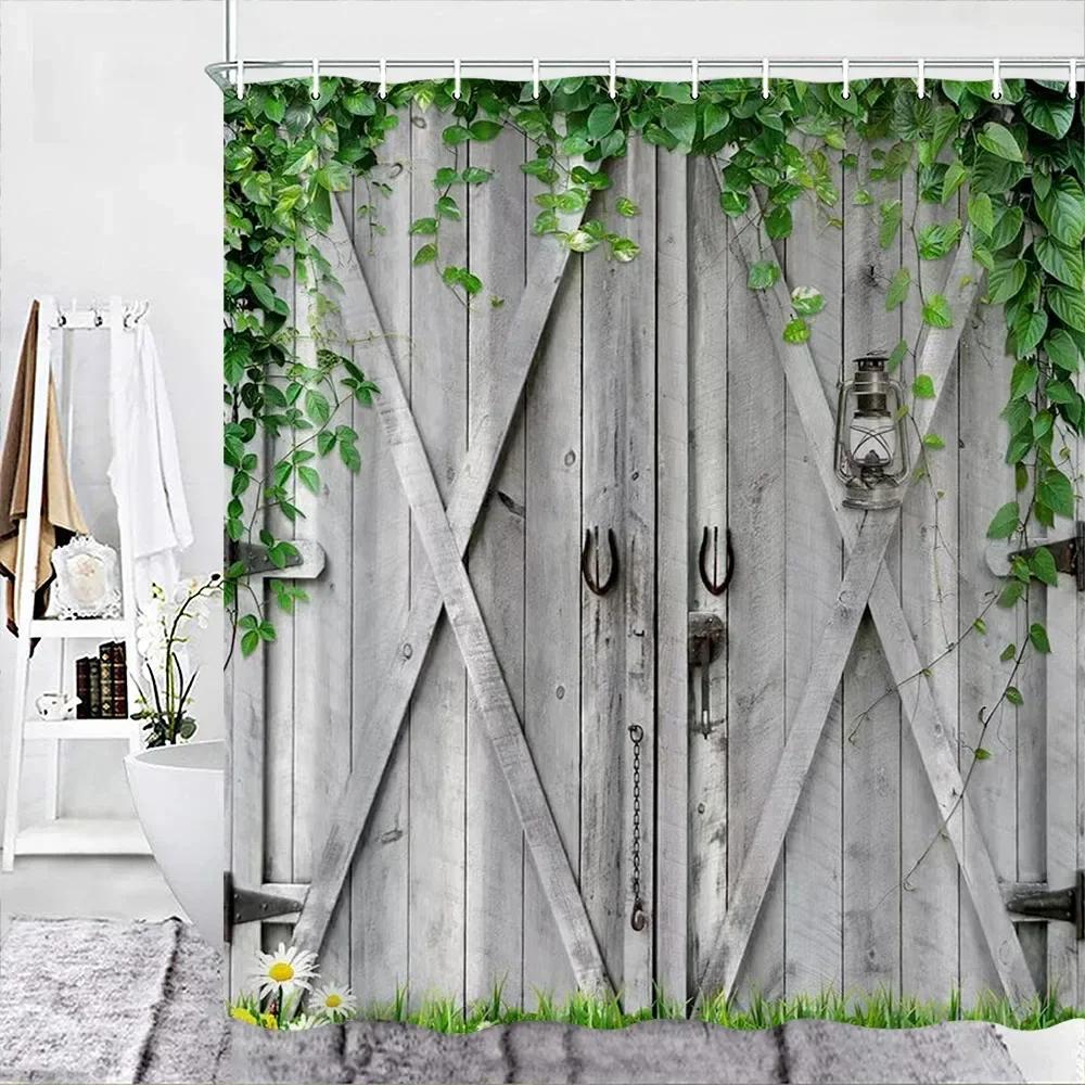 Rustic Wooden Barn Door Decor Shower Curtain For Bathroom Western Country Theme Vintage Rural Farm House Door Bath Curtains Set