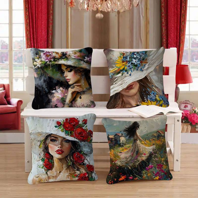 Woman And Flowers Art Oil Painting Personalized Picture Text Home Decorative Pillows Household Gifts 45x45cm