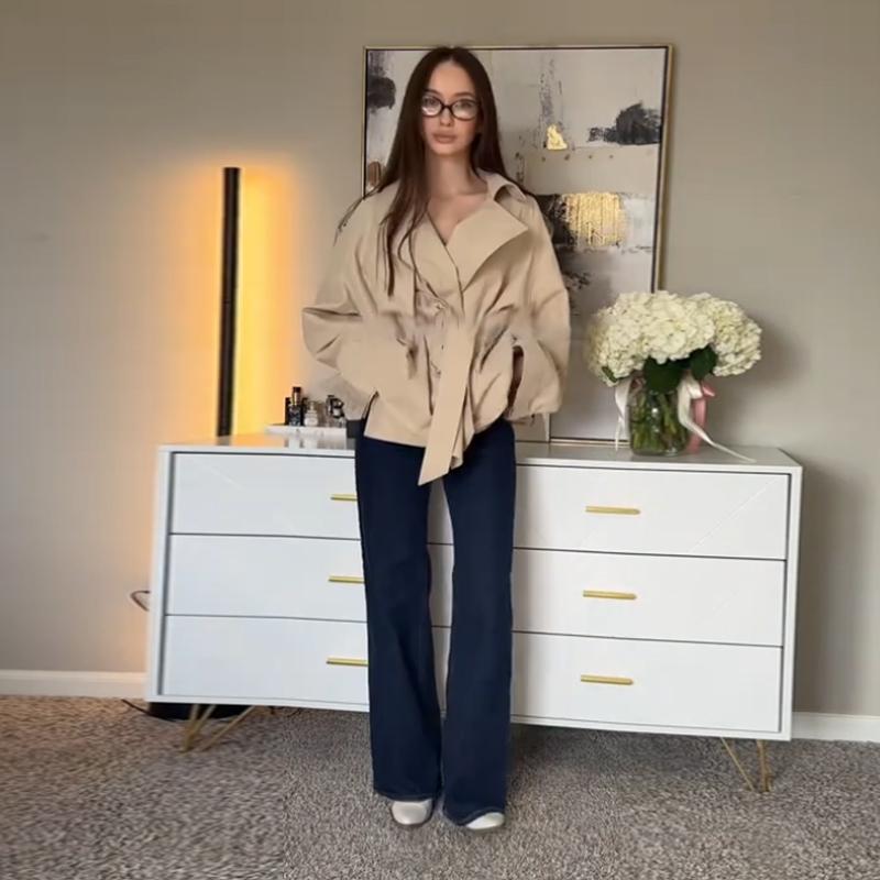 Tie Up Lapel Cardigan Windbreaker Women's Loose Windproof Long Sleeved Jacket Commute Outwear Retro British Style Autumn 2025