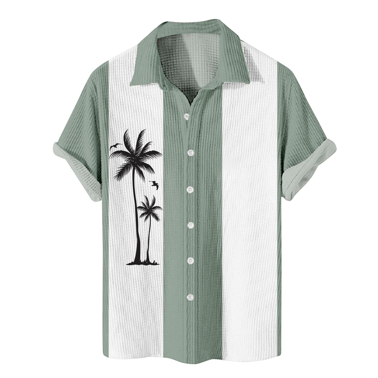 Men Short Sleeve Button Down Shirt Casual Vertical Stripe Tree Print Lapel Collar Lightweight Top XXXXXXXXL