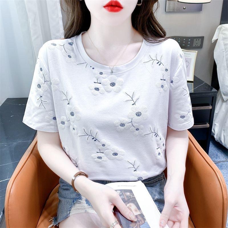 JKASHDK Women's Fashion Casual Summer Spring Flower Pattern Print Short Sleeve O-Neck Blouses & Shirts
