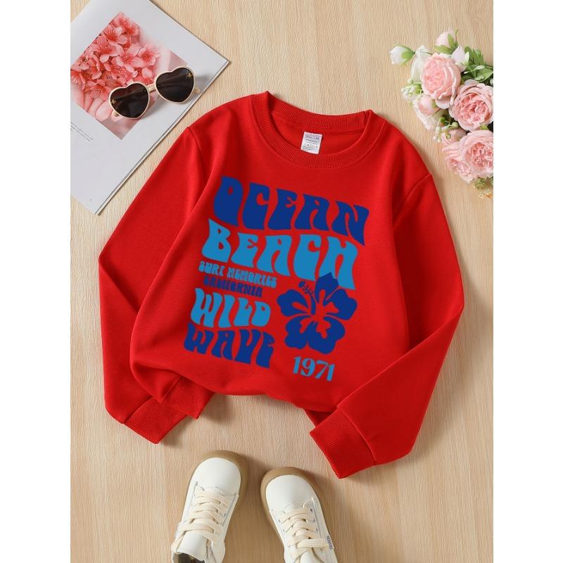 European Sizes Girls' Round Neck Fashion Sweatshirt, Ocean Beach Surf Memories California, Autumn Winter Trendy Print, Casual And Sporty.