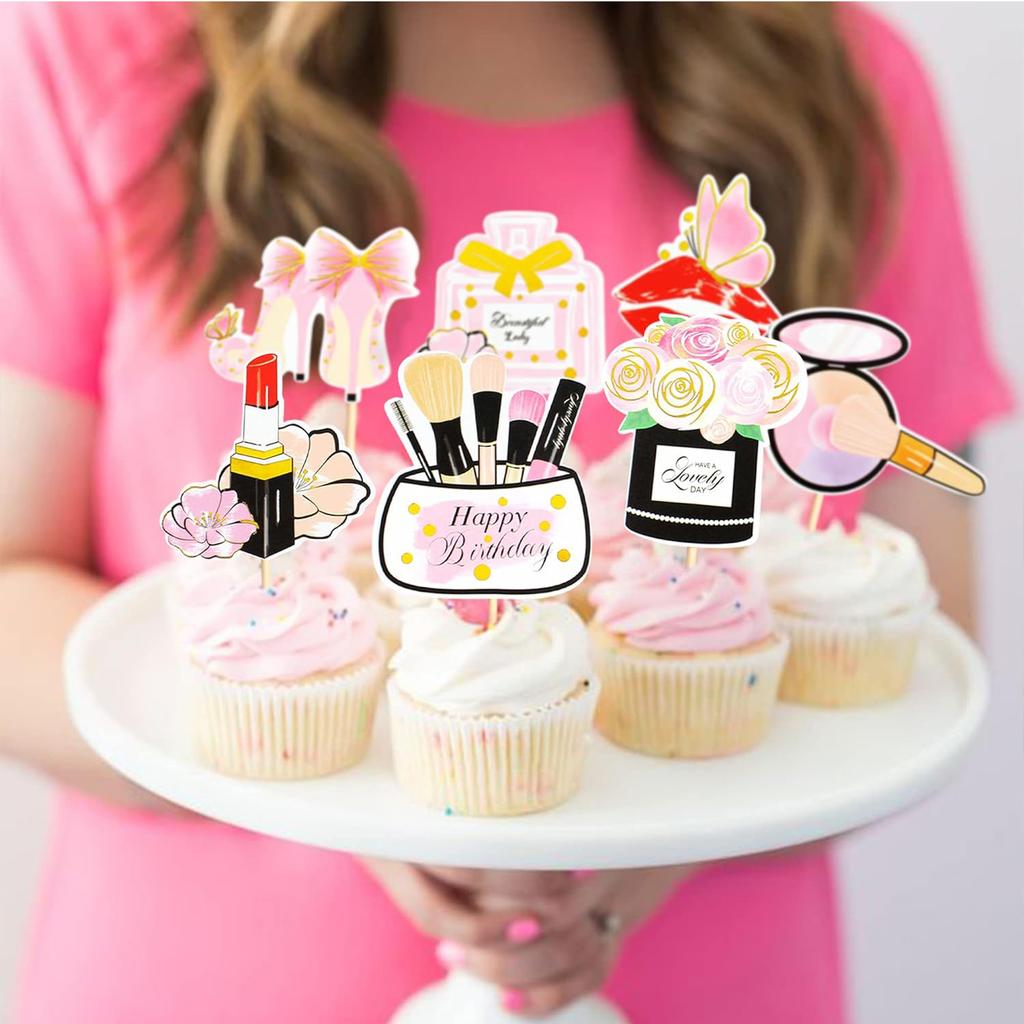 Glitter Makeup Cake Toppers Lipstick Cake Picks Cupcake Decors High Heel Makeup Brushes for Bridal Cosmetics Party Decorations
