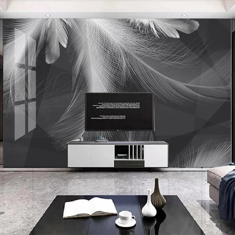 Mural Wallpaper Modern Simple Beautiful Black And White Gray Feather Mural Abstract Art Background Wall Decor