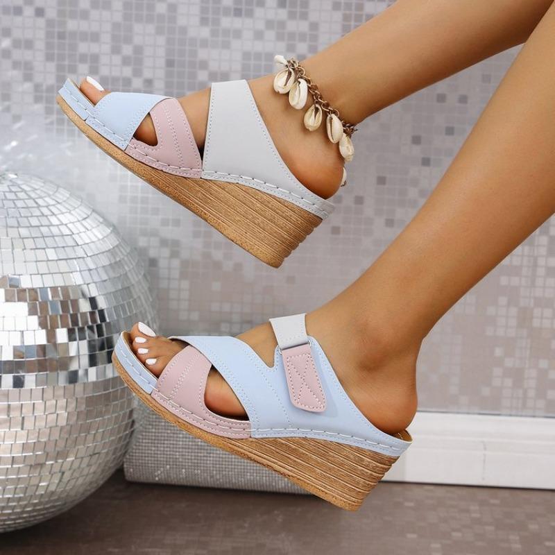 

Wedge heel slippers women s summer new fashion cross strap color matching sandals women 43