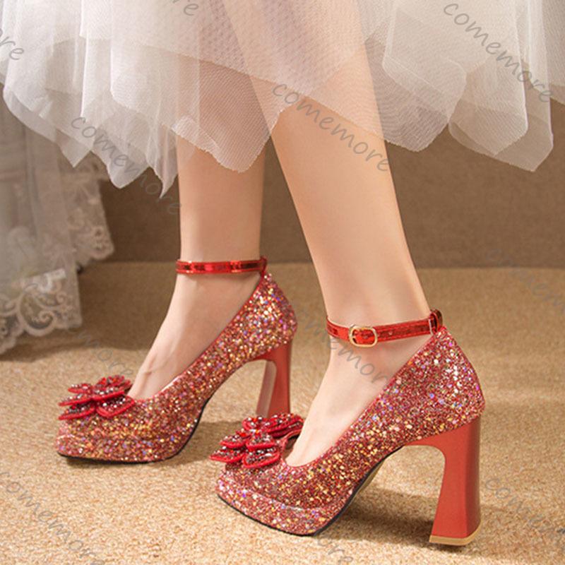 Fashion Comemore Women Pumps Rhinestone Mary Jane Women's Shoes Thick Bottom Ankle Buckle Wedding Bridal Chunky High Heels Single Shoes